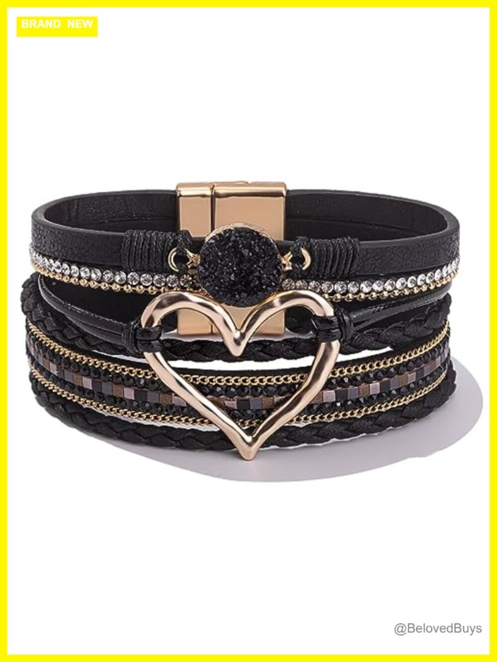 Chunky Leather Wrap Bracelet Boho Stackable Heart CZ Magnetic Clasp